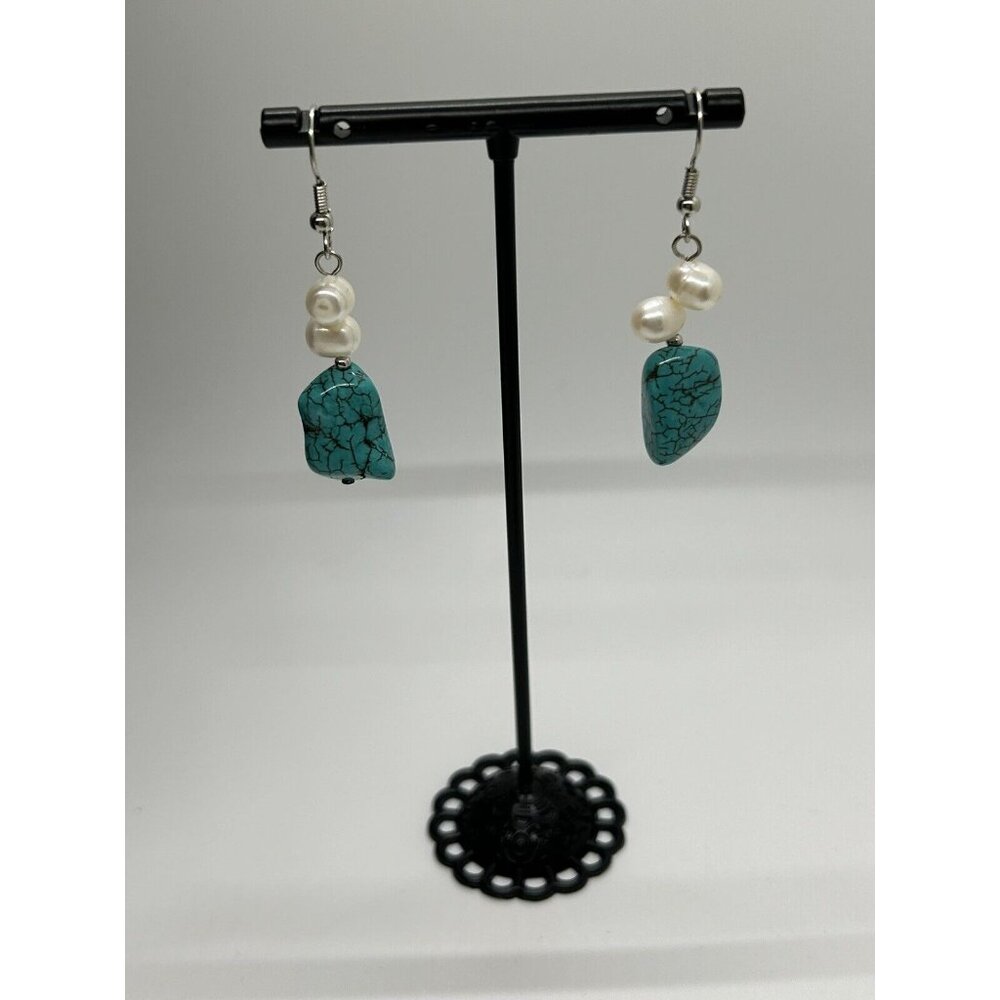 Fresh Water Pearl & Turquoise Colored Gemstone Necklace Bracelet Earring Set - Picture 5 of 6